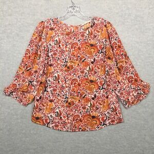 41 Hawthorn Small Sheer Orange Blouse Back Buttons 3/4 Sleeve Floral Boho Red